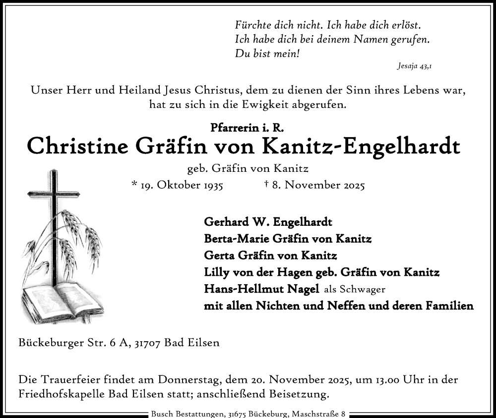  Traueranzeige für Christine Gräfin von Kanitz-Engelhardt vom 15.11.2025 aus Mindener Tageblatt