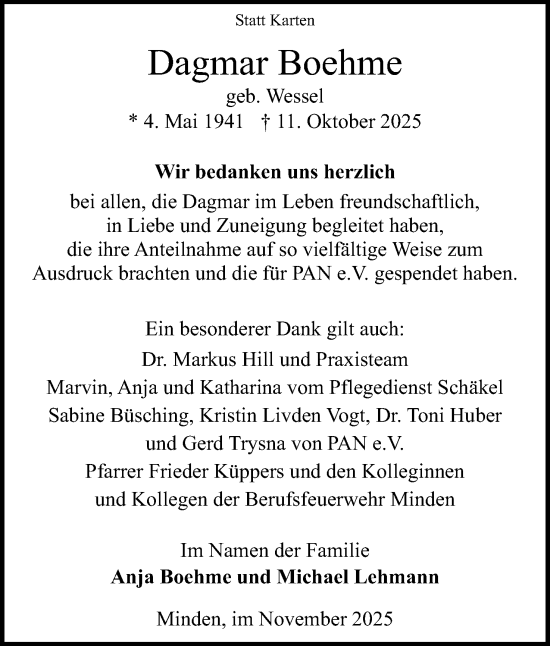 Anzeige von Dagmar Boehme von Mindener Tageblatt