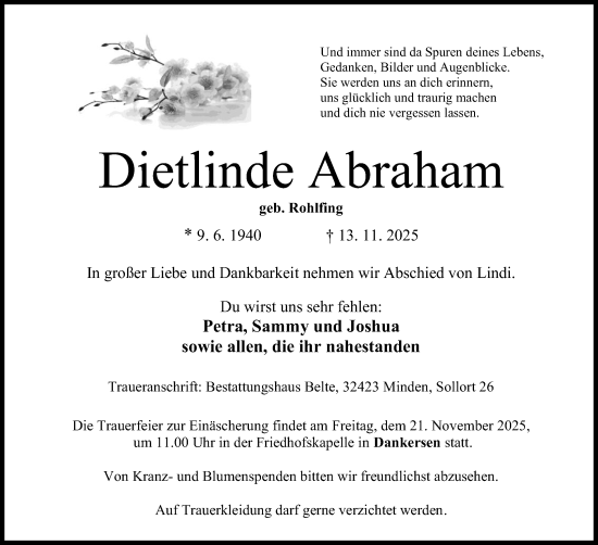 Anzeige von Dietlinde Abraham von Mindener Tageblatt