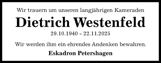Anzeige von Dietrich Westenfeld von Mindener Tageblatt