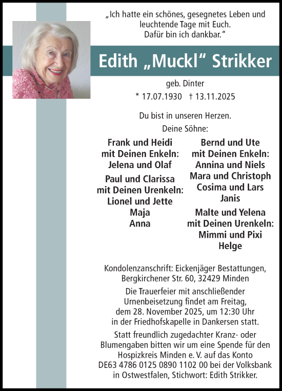 Anzeige von Edith Strikker von Mindener Tageblatt