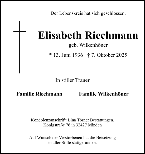 Anzeige von Elisabeth Riechmann von Mindener Tageblatt