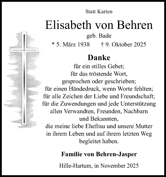 Anzeige von Elisabeth von Behren von Mindener Tageblatt