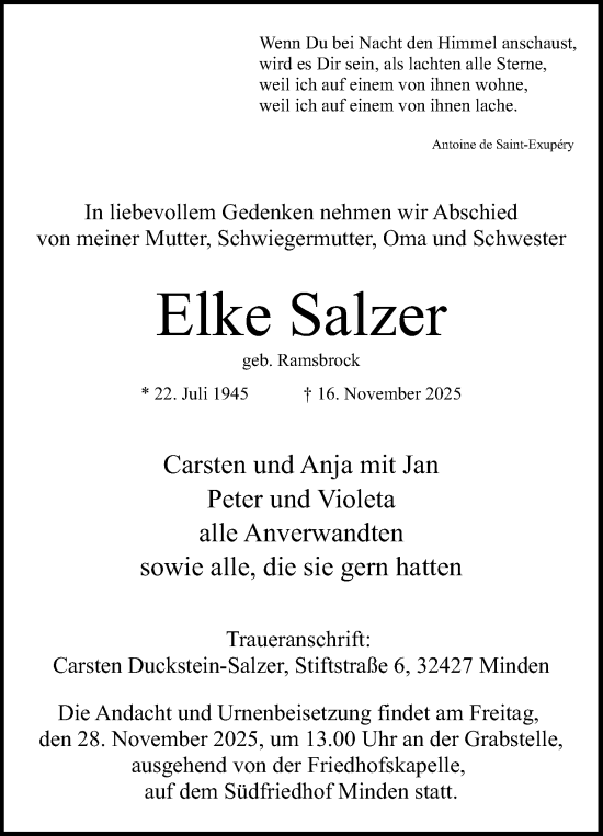 Anzeige von Elke Salzer von Mindener Tageblatt