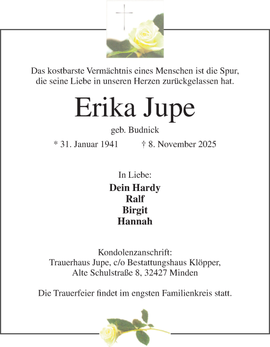 Anzeige von Erika Jupe von Mindener Tageblatt