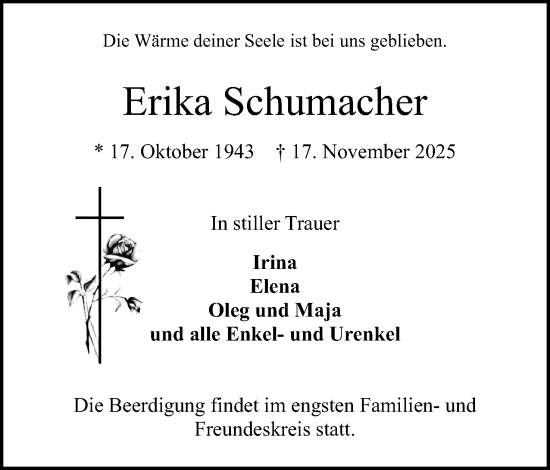 Anzeige von Erika Schumacher von Mindener Tageblatt