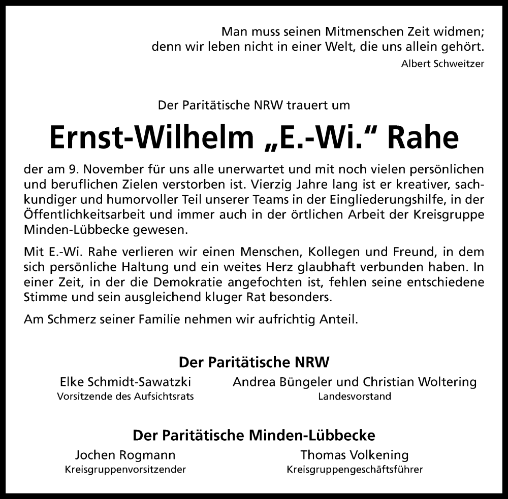  Traueranzeige für Ernst-Wilhelm Rahe vom 22.11.2025 aus Mindener Tageblatt