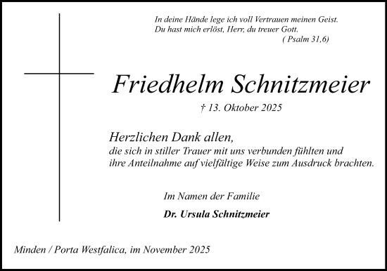 Anzeige von Friedhelm Schnitzmeier von Mindener Tageblatt