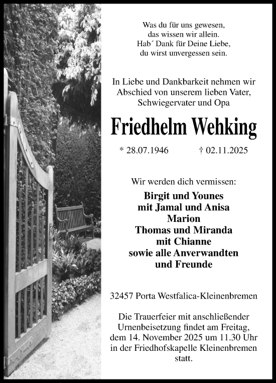 Anzeige von Friedhelm Wehking von Mindener Tageblatt