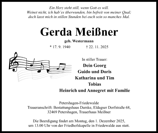 Anzeige von Gerda Meißner von Mindener Tageblatt