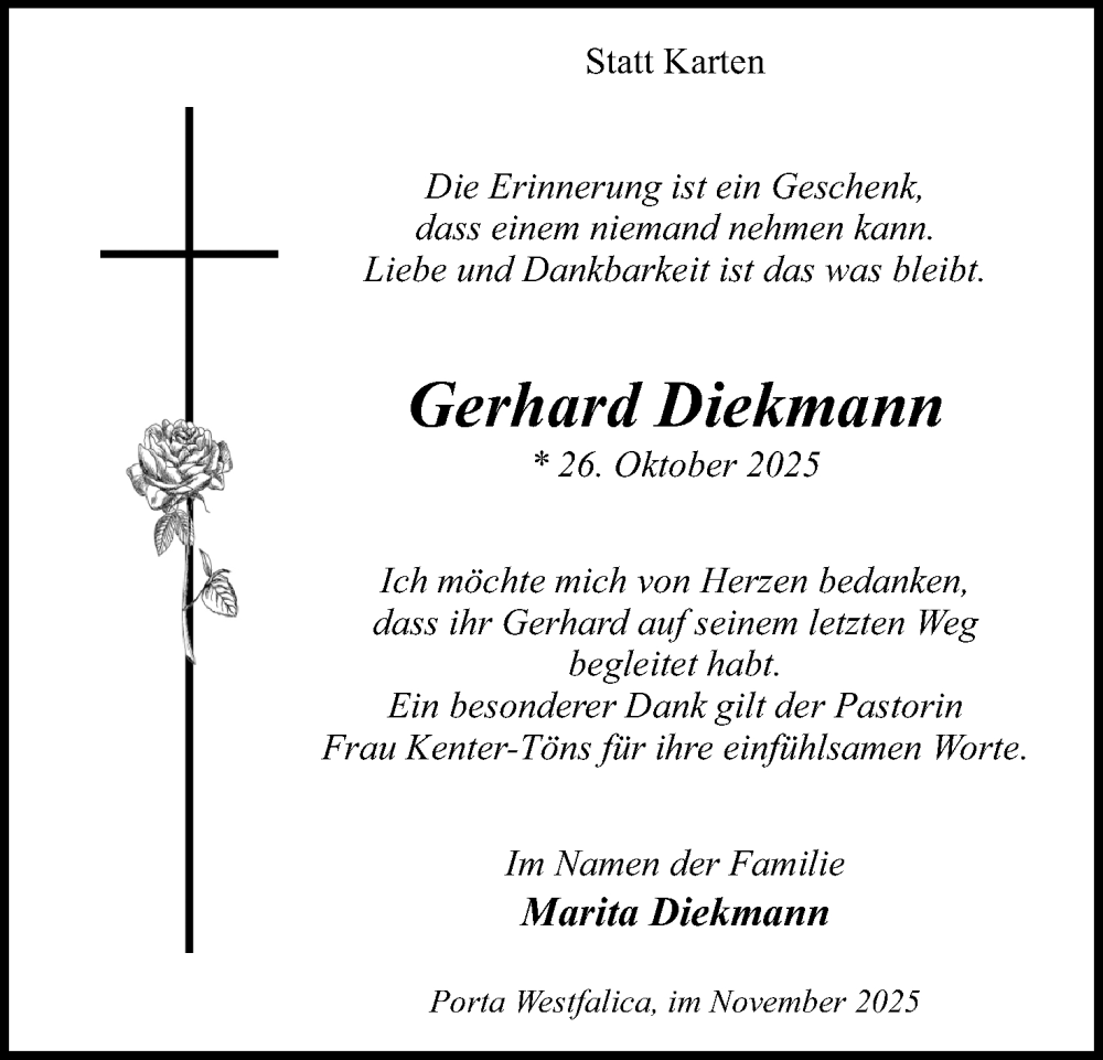  Traueranzeige für Gerhard Diekmann vom 15.11.2025 aus Mindener Tageblatt