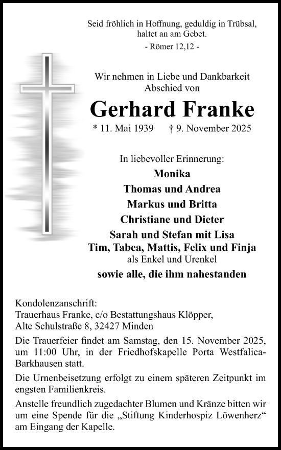 Anzeige von Gerhard Franke von Mindener Tageblatt