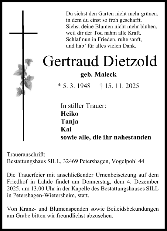 Anzeige von Gertraud Dietzold von Mindener Tageblatt