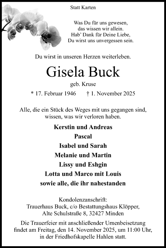 Anzeige von Gisela Buck von Mindener Tageblatt