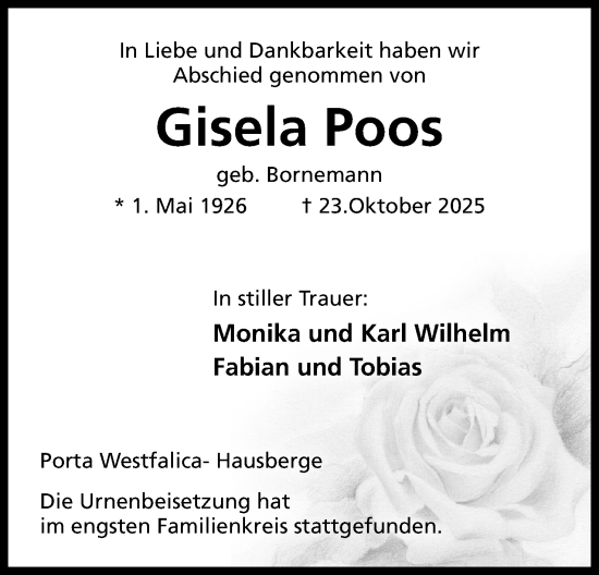 Anzeige von Gisela Poos von Mindener Tageblatt