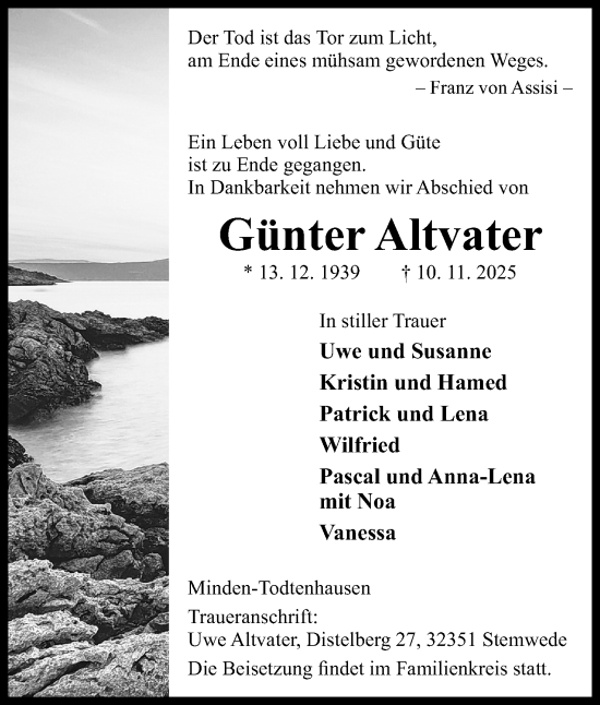 Anzeige von Günter Altvater von Mindener Tageblatt