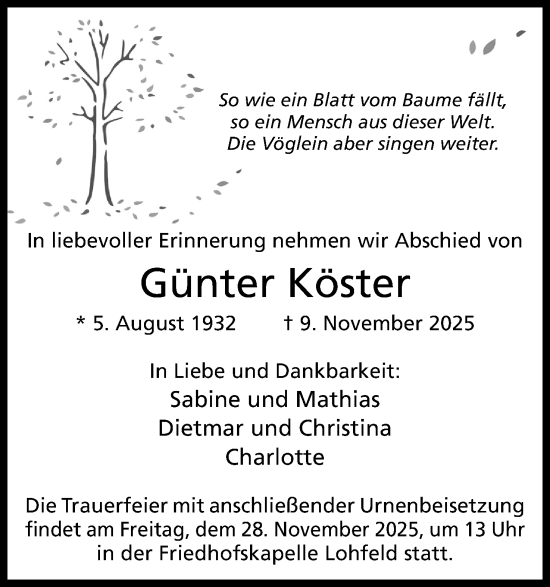 Anzeige von Günter Köster von Mindener Tageblatt