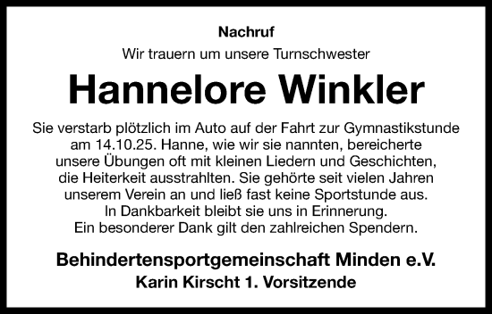 Anzeige von Hannelore Winkler von Mindener Tageblatt