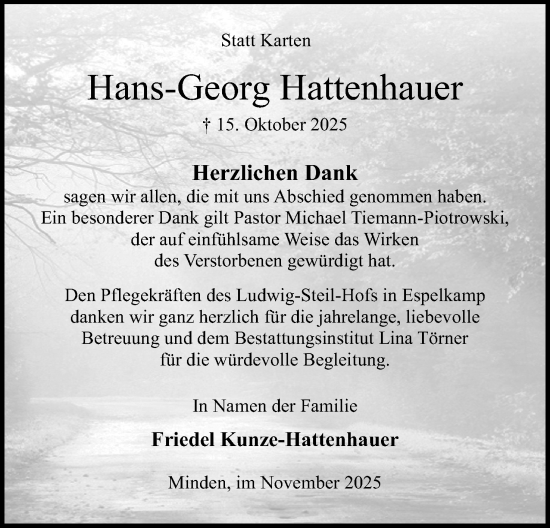 Anzeige von Hans-Georg Hattenhauer von Mindener Tageblatt