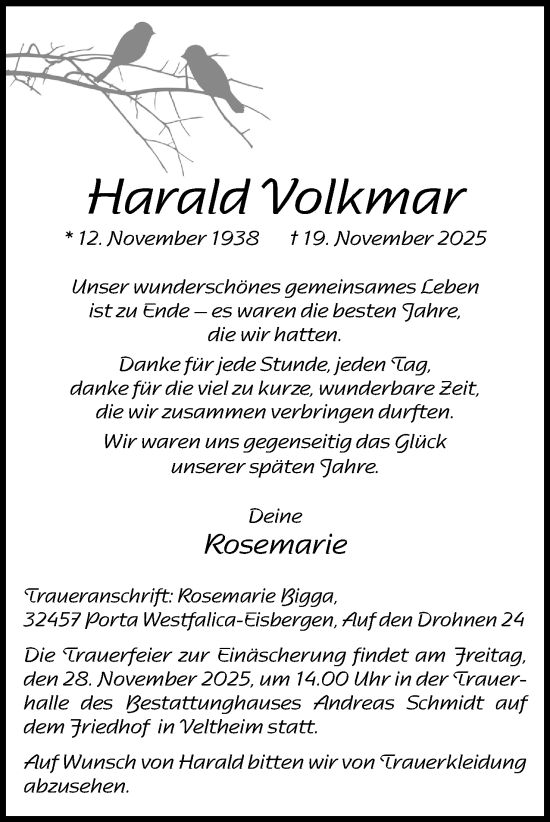 Anzeige von Harald Volkmar von Mindener Tageblatt