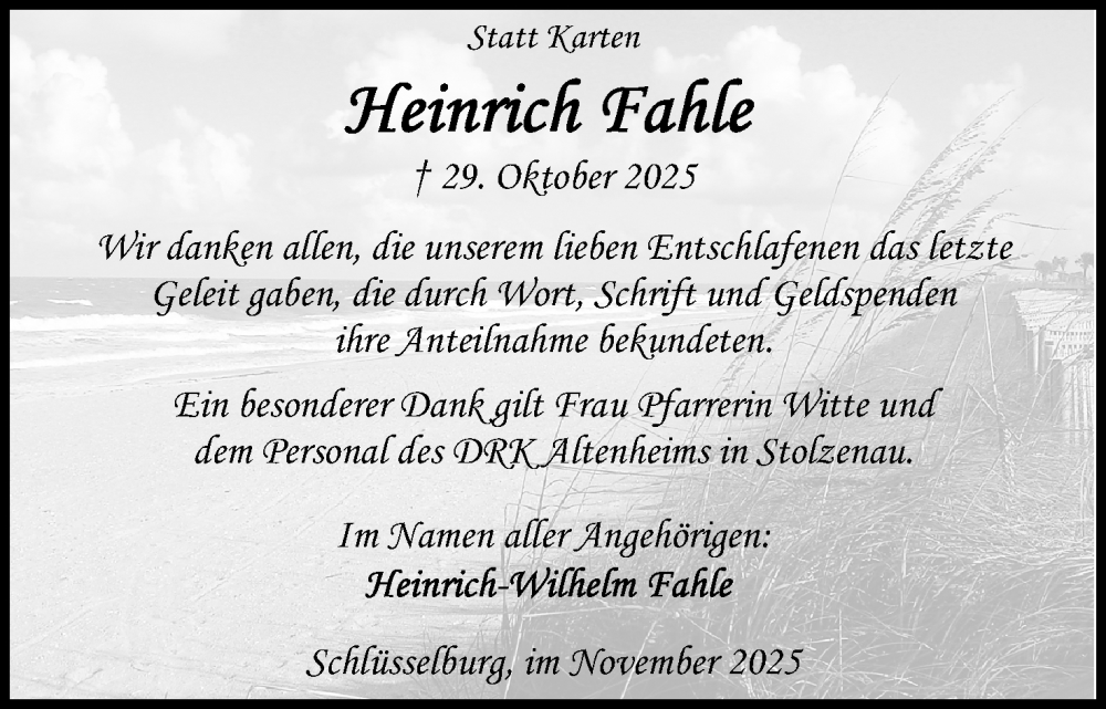  Traueranzeige für Heinrich Fahle vom 22.11.2025 aus Mindener Tageblatt
