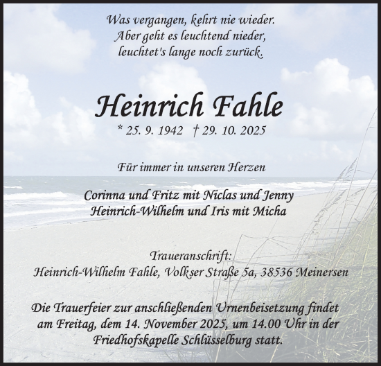 Anzeige von Heinrich Fahle von Mindener Tageblatt