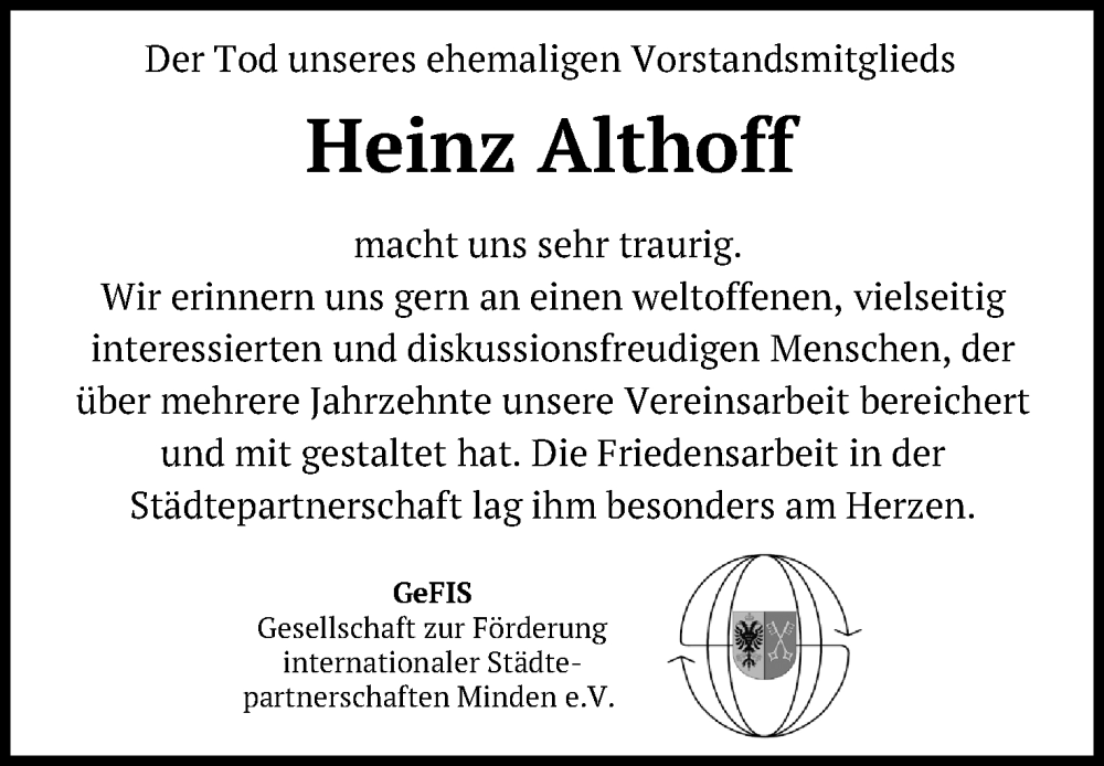  Traueranzeige für Heinz Althoff vom 29.11.2025 aus Mindener Tageblatt