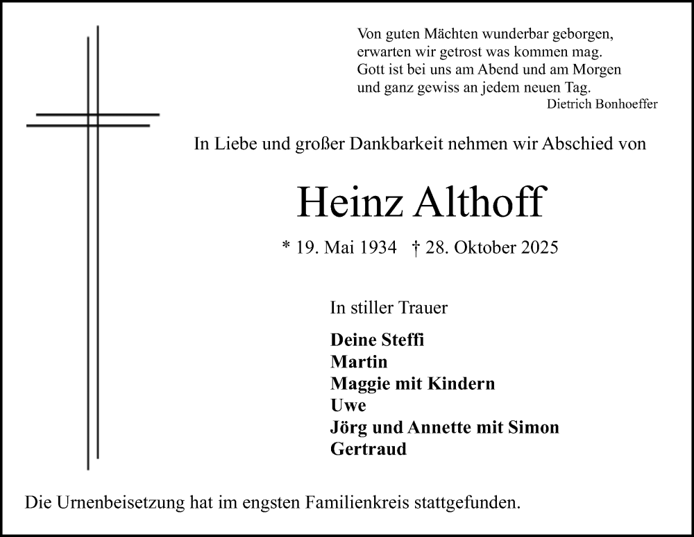  Traueranzeige für Heinz Althoff vom 22.11.2025 aus Mindener Tageblatt