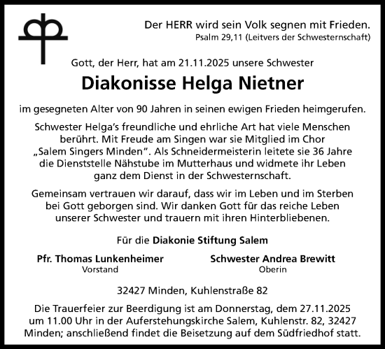 Anzeige von Helga Nietner von Mindener Tageblatt
