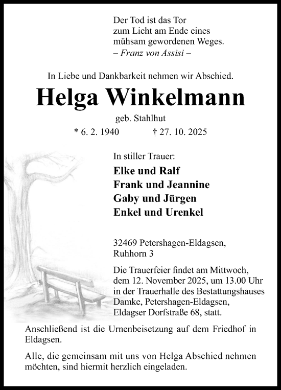 Anzeige von Helga Winkelmann von Mindener Tageblatt