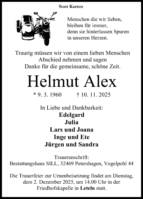 Anzeige von Helmut Alex von Mindener Tageblatt