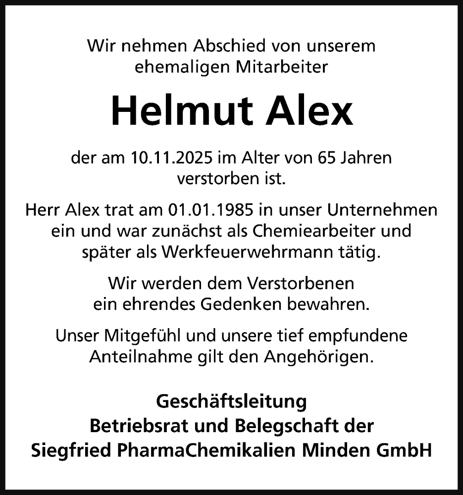  Traueranzeige für Helmut Alex vom 26.11.2025 aus Mindener Tageblatt