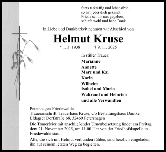 Anzeige von Helmut Kruse von Mindener Tageblatt