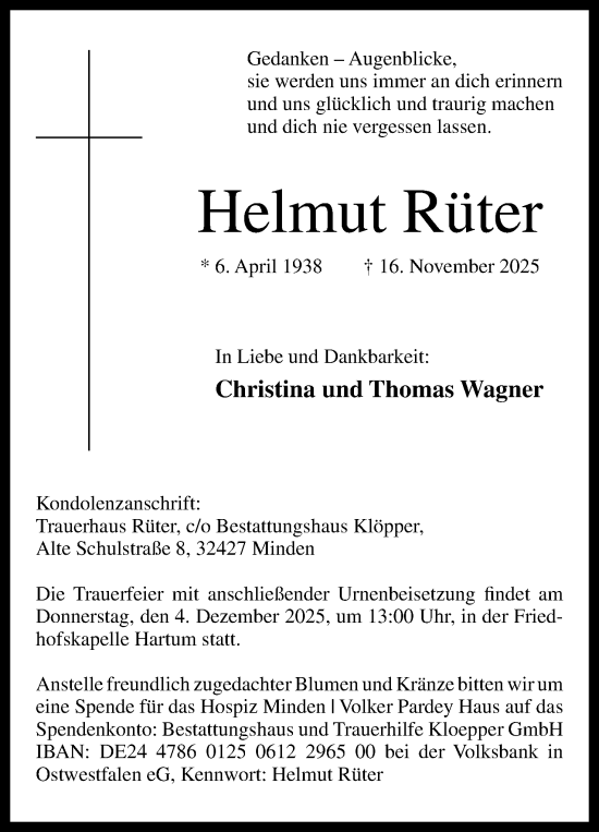 Anzeige von Helmut Rüter von Mindener Tageblatt