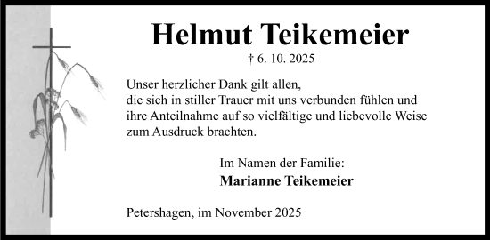 Anzeige von Helmut Teikemeier von Mindener Tageblatt