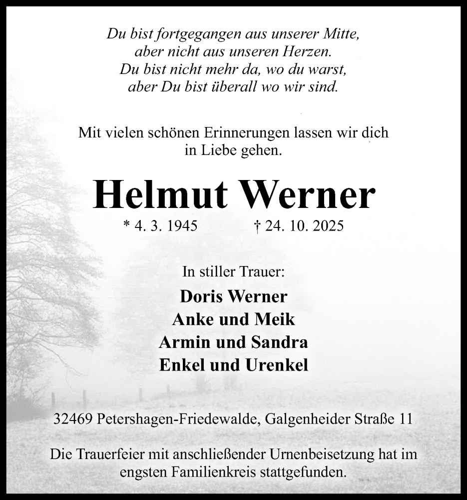  Traueranzeige für Helmut Werner vom 15.11.2025 aus Mindener Tageblatt