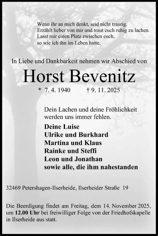 Anzeige von Horst Bevenitz von Mindener Tageblatt