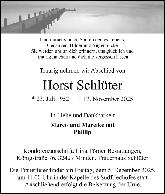 Anzeige von Horst Schlüter von Mindener Tageblatt