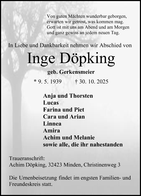 Anzeige von Inge Döpking von Mindener Tageblatt
