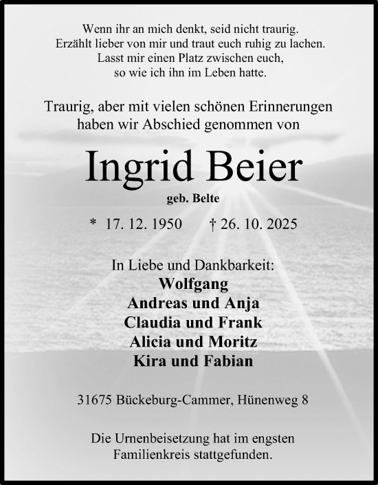 Anzeige von Ingrid Beier von Mindener Tageblatt