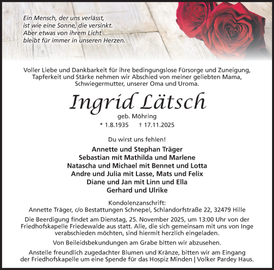 Anzeige von Ingrid Lätsch von Mindener Tageblatt