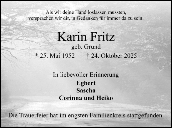 Anzeige von Karin Fritz von Mindener Tageblatt