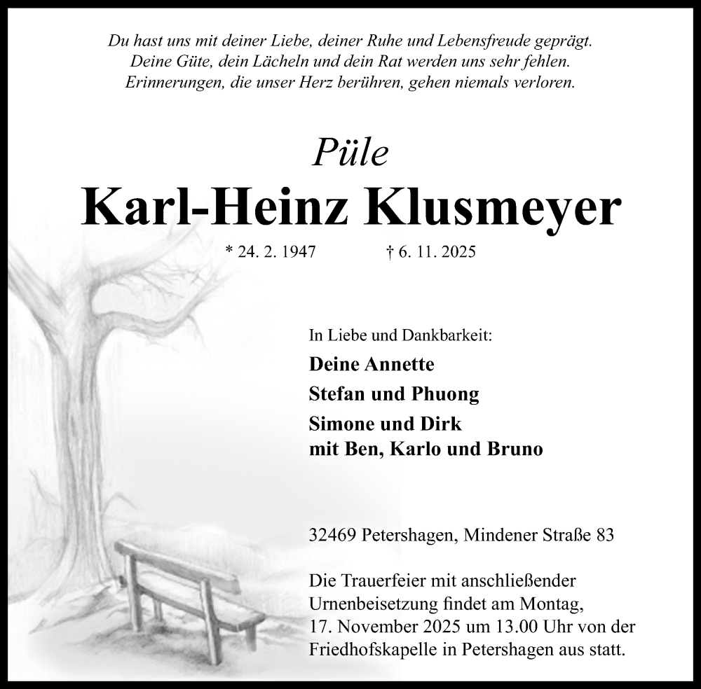  Traueranzeige für Karl-Heinz Klusmeyer vom 12.11.2025 aus Mindener Tageblatt