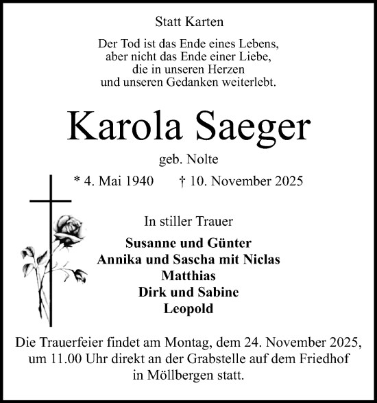 Anzeige von Karola Saeger von Mindener Tageblatt