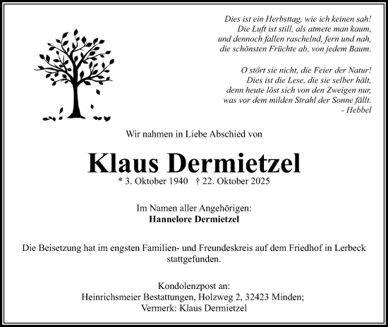 Anzeige von Klaus Dermietzel von Mindener Tageblatt