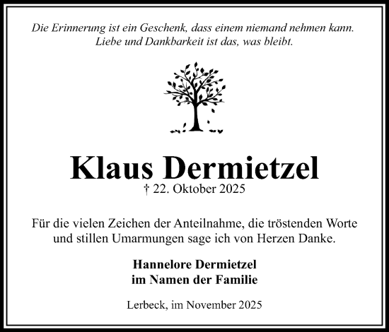 Anzeige von Klaus Dermietzel von Mindener Tageblatt