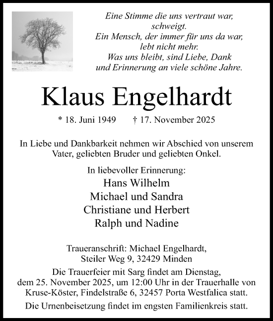 Anzeige von Klaus Engelhardt von Mindener Tageblatt