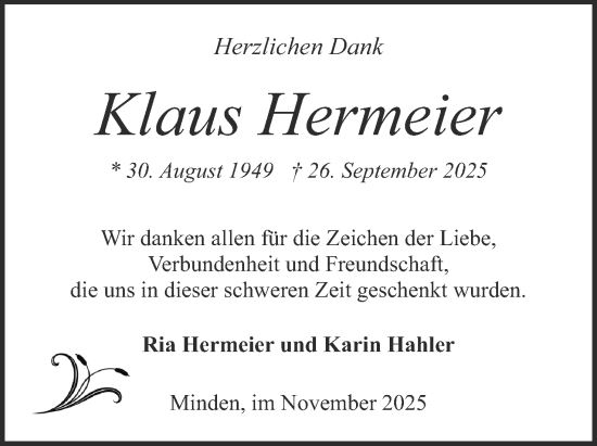 Anzeige von Klaus Hermeier von Mindener Tageblatt