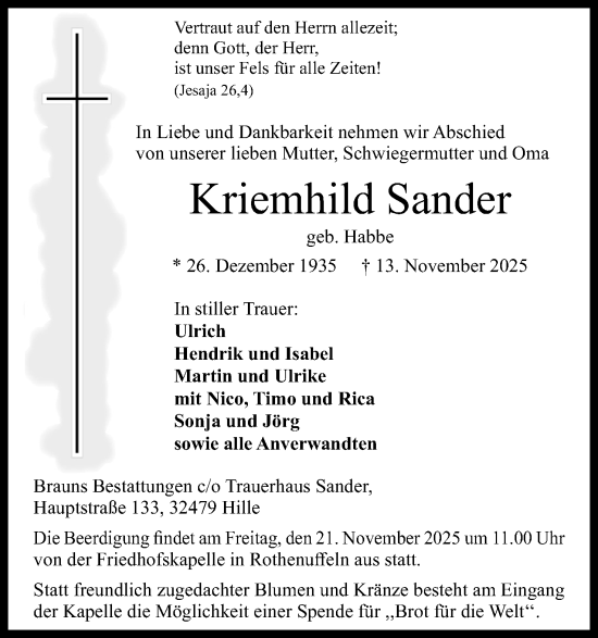 Anzeige von Kriemhild Sander von Mindener Tageblatt