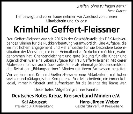 Anzeige von Krimhild Geffert-Fleissner von Mindener Tageblatt